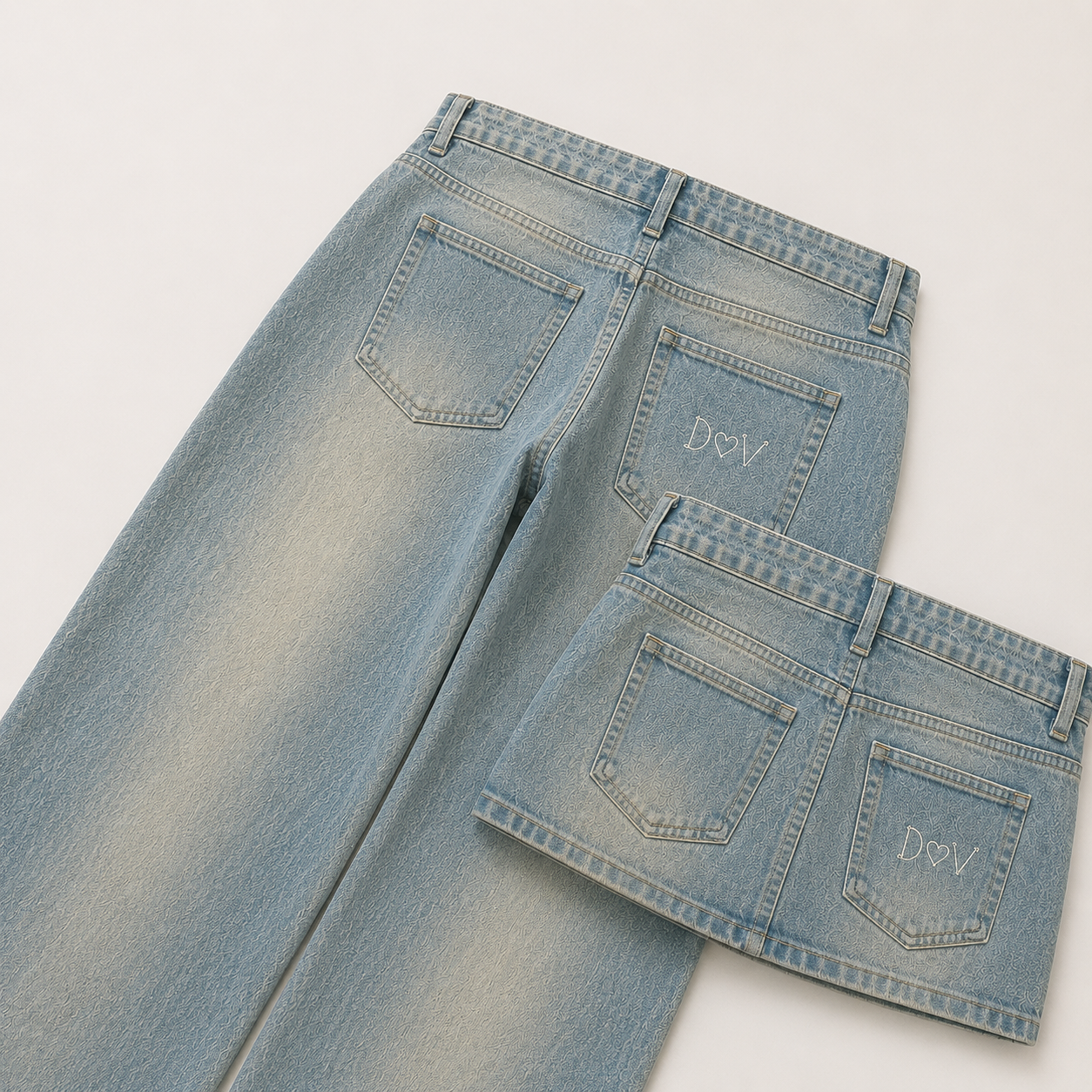 Light-Wash Denim Pants with Mini Skirt