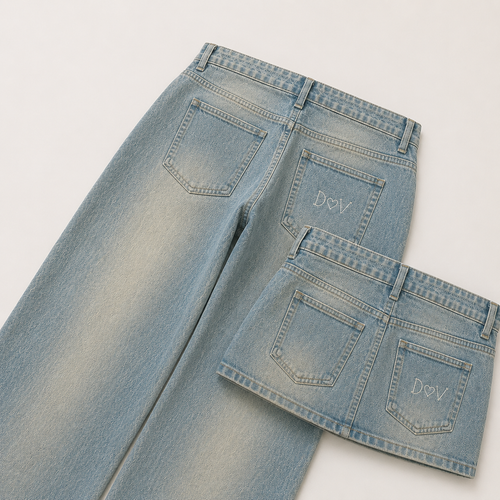 Light-Wash Denim Pants with Mini Skirt