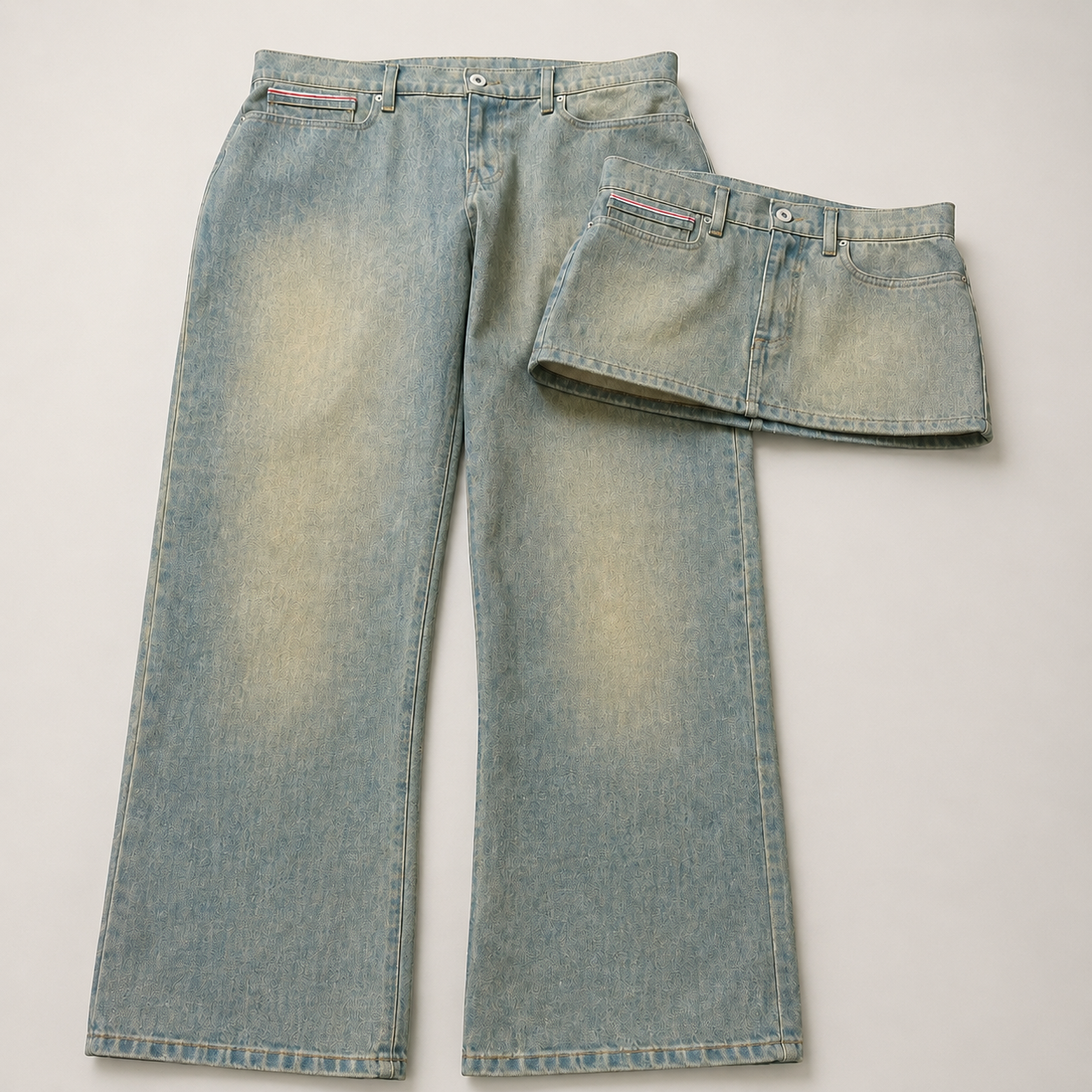 Light-Wash Denim Pants with Mini Skirt