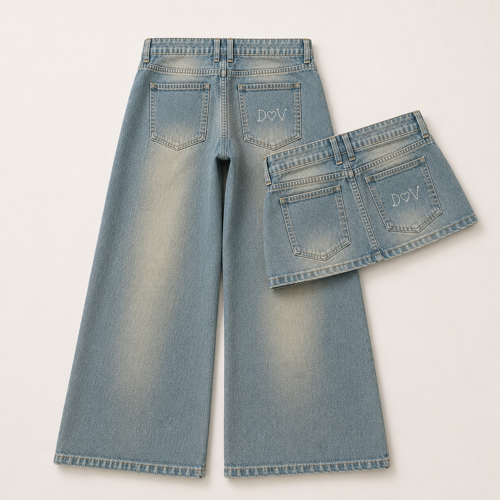 Light-Wash Denim Pants with Mini Skirt